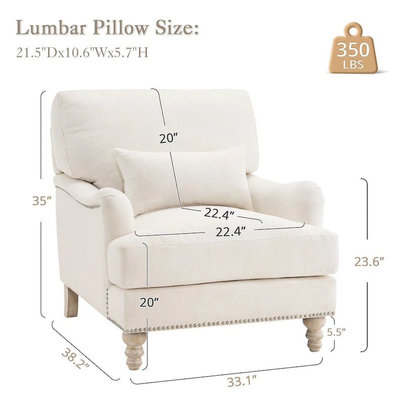 Fauteuil d'appoint moderne avec accoudoirs, rembourré, avec cadre en bois massif et coussin lombaire