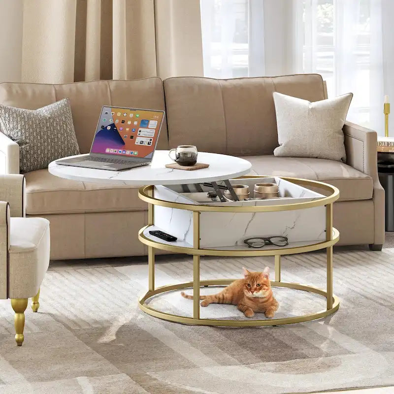Table basse ronde relevable de style rustique avec rangement dissimulé et étagère