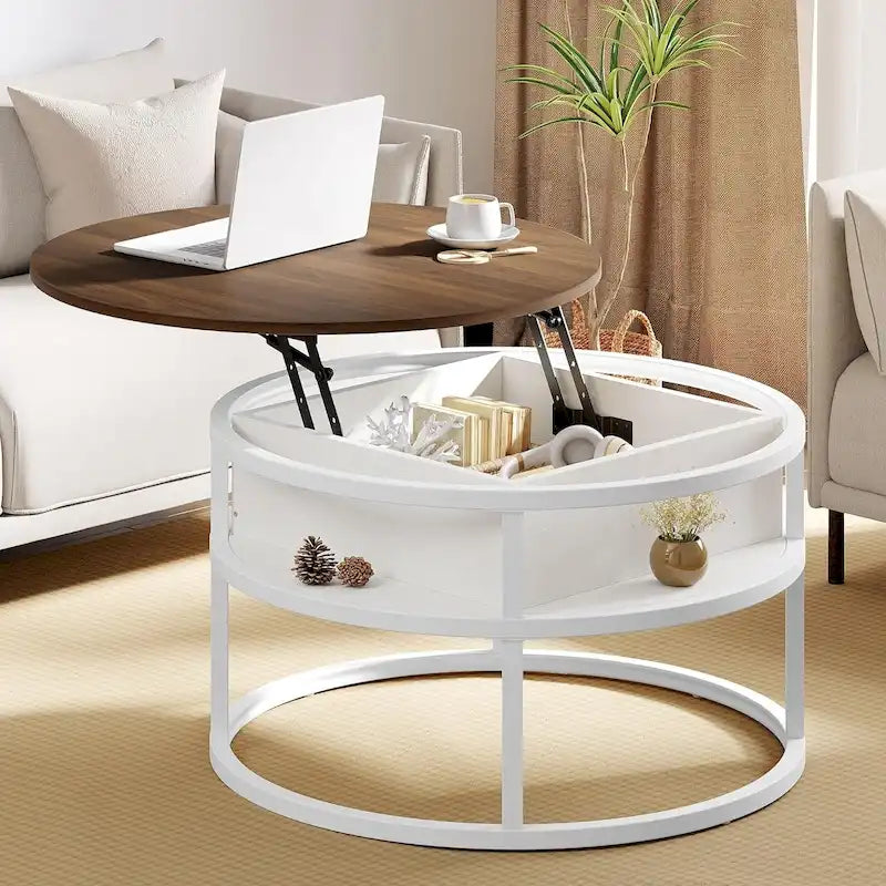 Table basse ronde relevable de style rustique avec rangement dissimulé et étagère