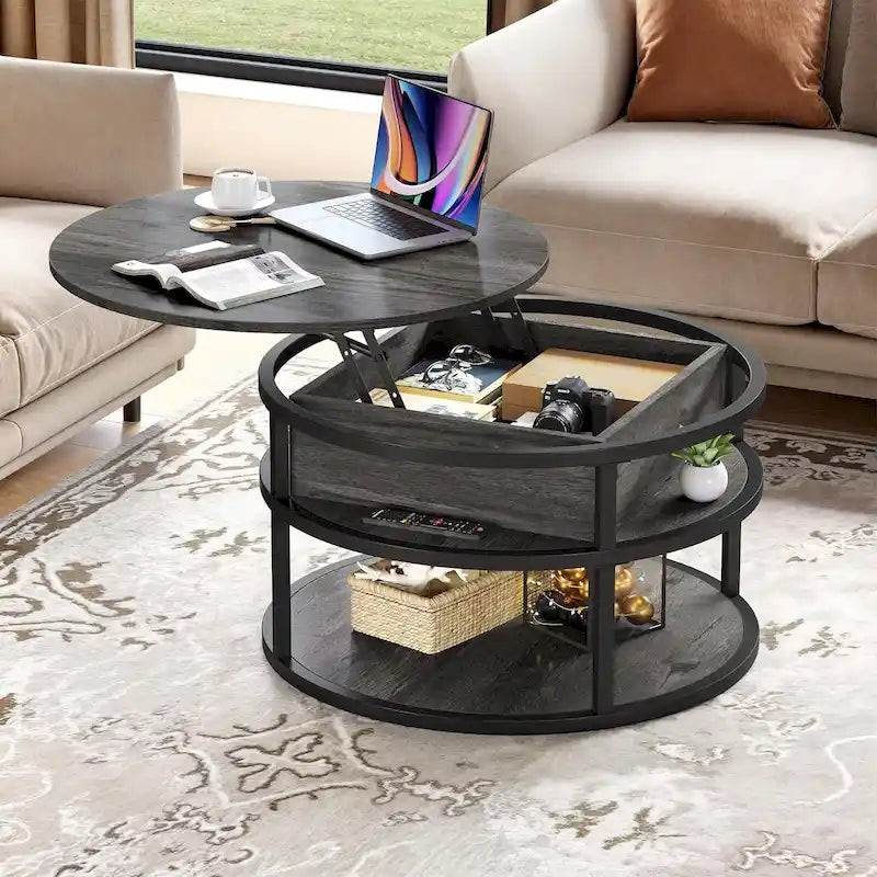 Table basse ronde relevable de style rustique avec rangement dissimulé et étagère