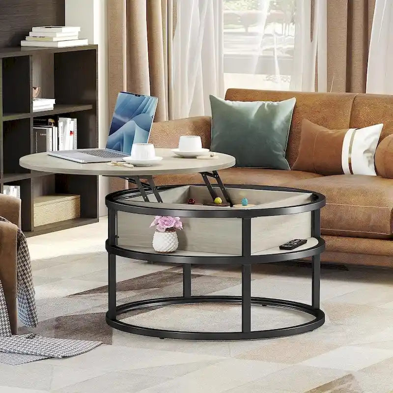 Table basse ronde relevable de style rustique avec rangement dissimulé et étagère