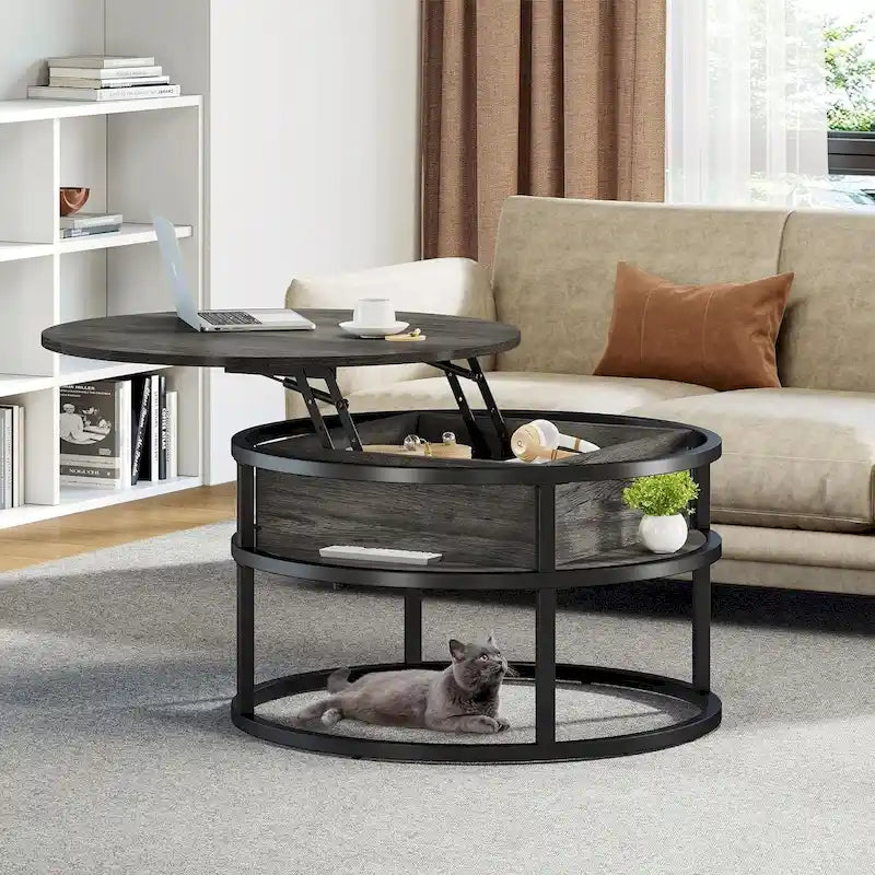 Table basse ronde relevable de style rustique avec rangement dissimulé et étagère