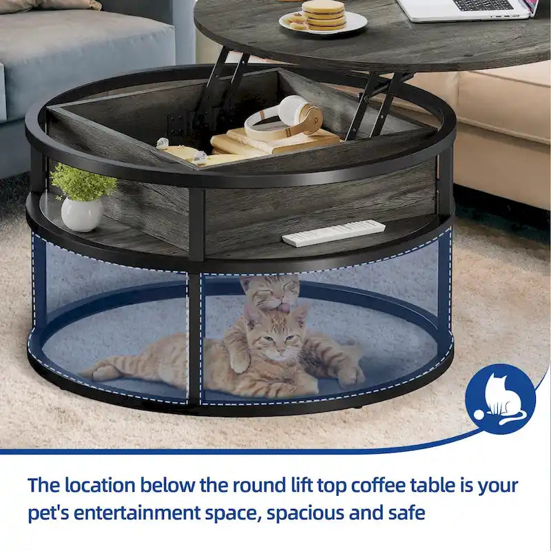 Table basse ronde relevable de style rustique avec rangement dissimulé et étagère