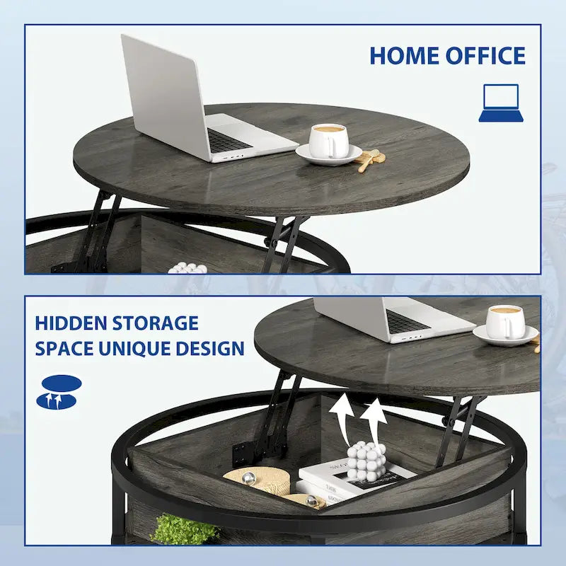 Table basse ronde relevable de style rustique avec rangement dissimulé et étagère