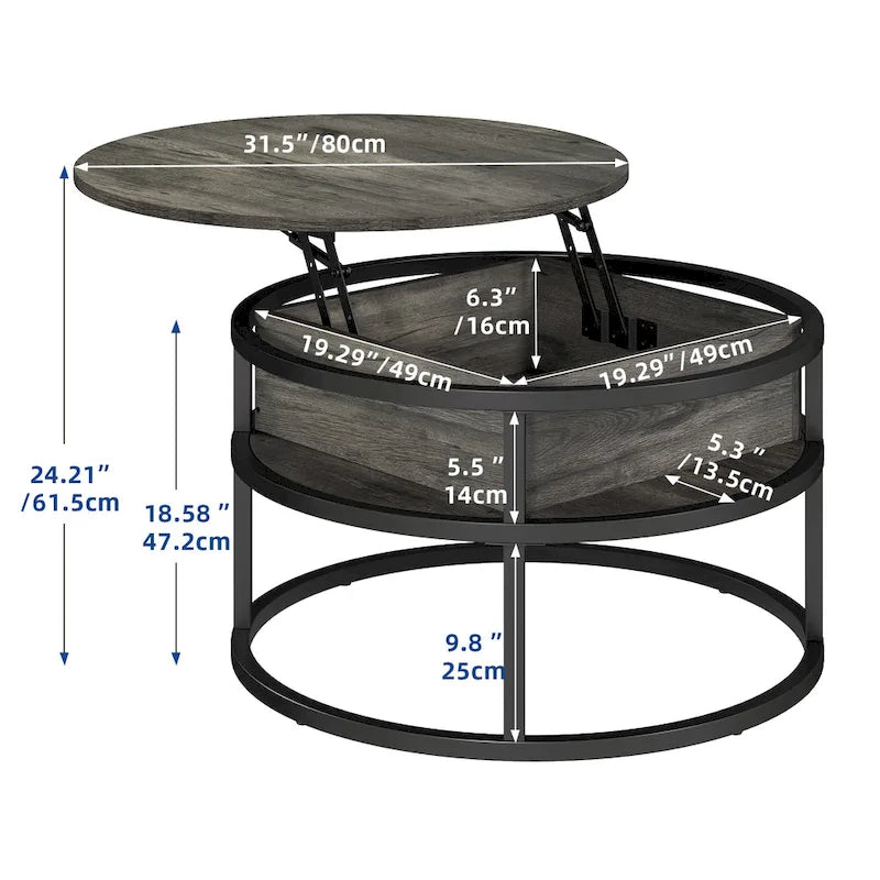 Table basse ronde relevable de style rustique avec rangement dissimulé et étagère