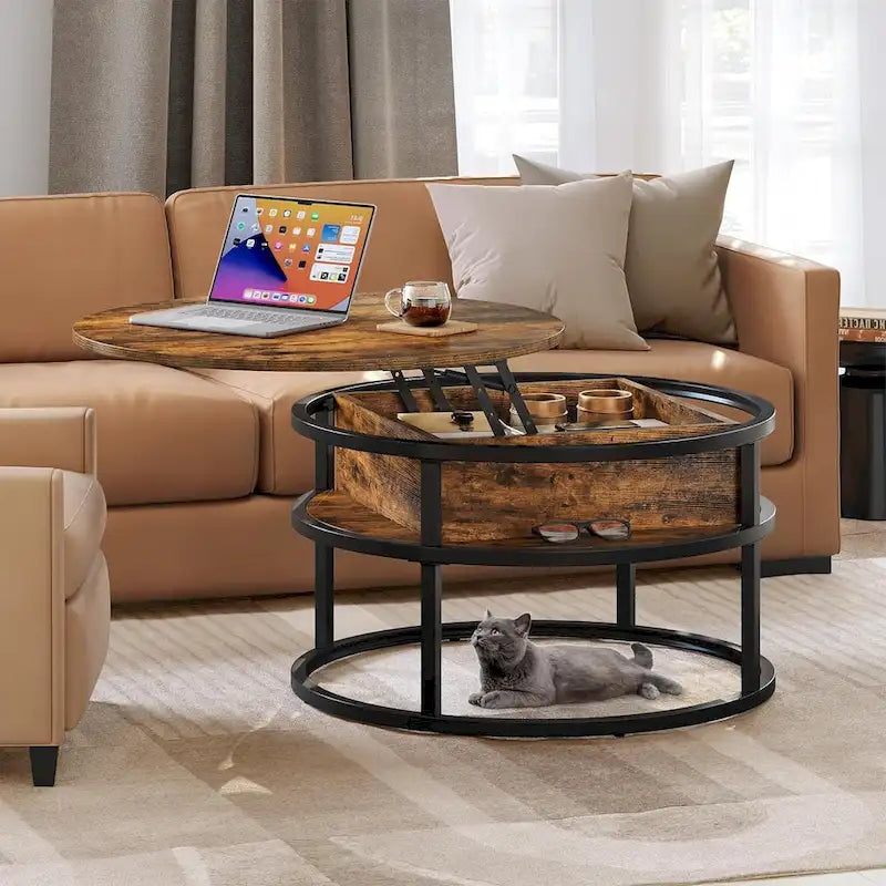 Table basse ronde relevable de style rustique avec rangement dissimulé et étagère