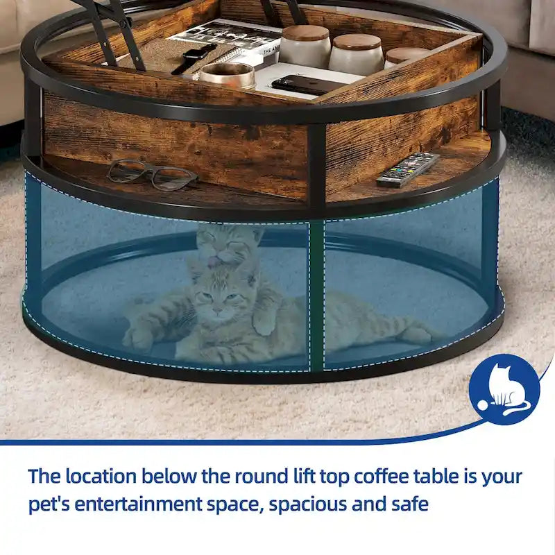 Table basse ronde relevable de style rustique avec rangement dissimulé et étagère
