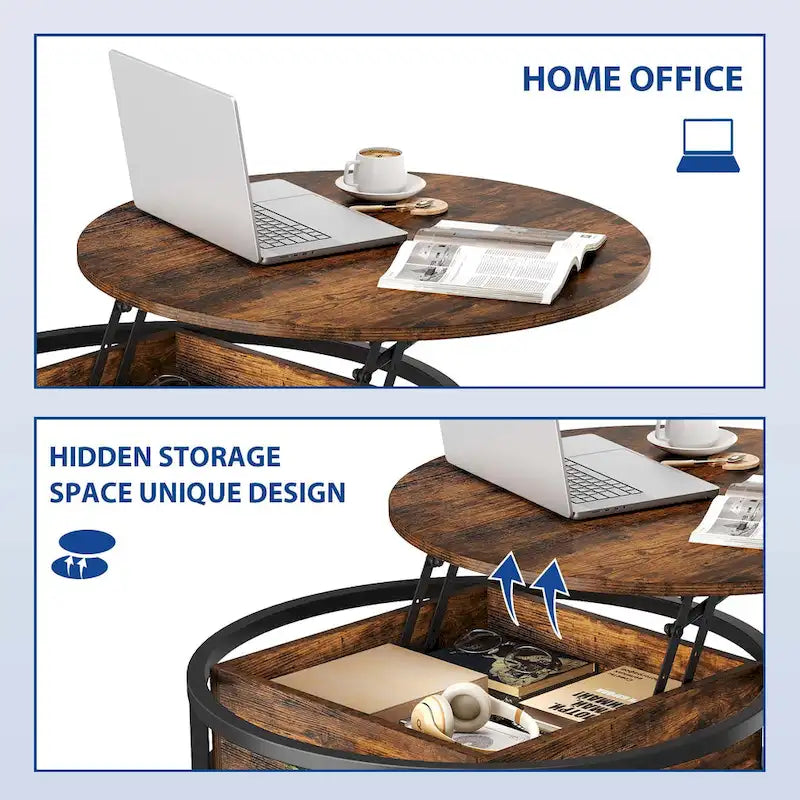 Table basse ronde relevable de style rustique avec rangement dissimulé et étagère