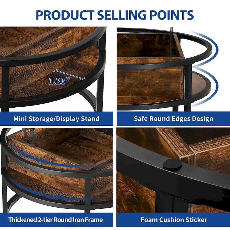 Table basse ronde relevable de style rustique avec rangement dissimulé et étagère