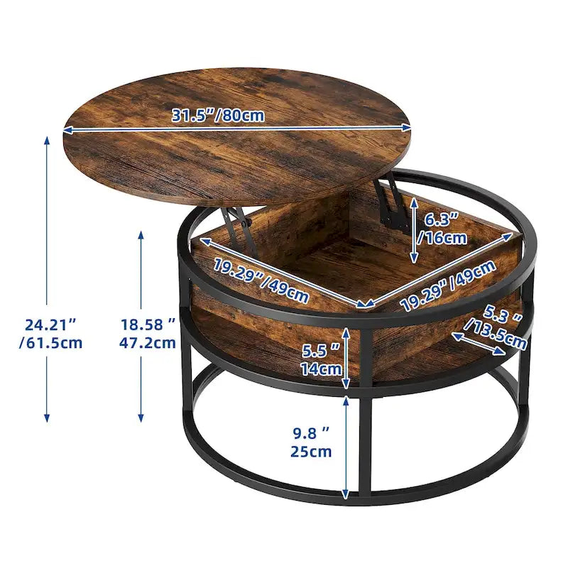 Table basse ronde relevable de style rustique avec rangement dissimulé et étagère