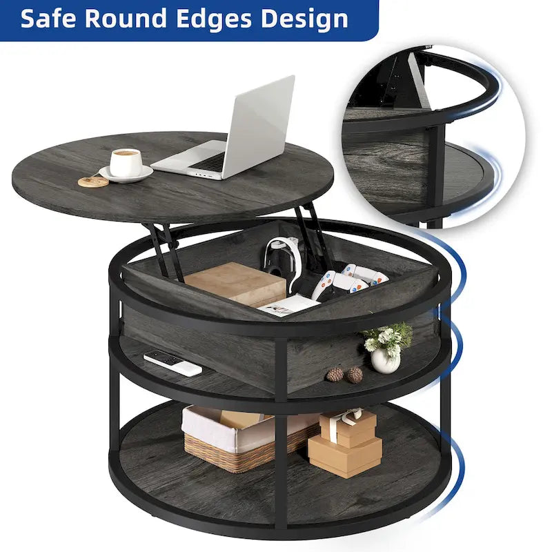 Table basse ronde relevable de style rustique avec rangement dissimulé et étagère