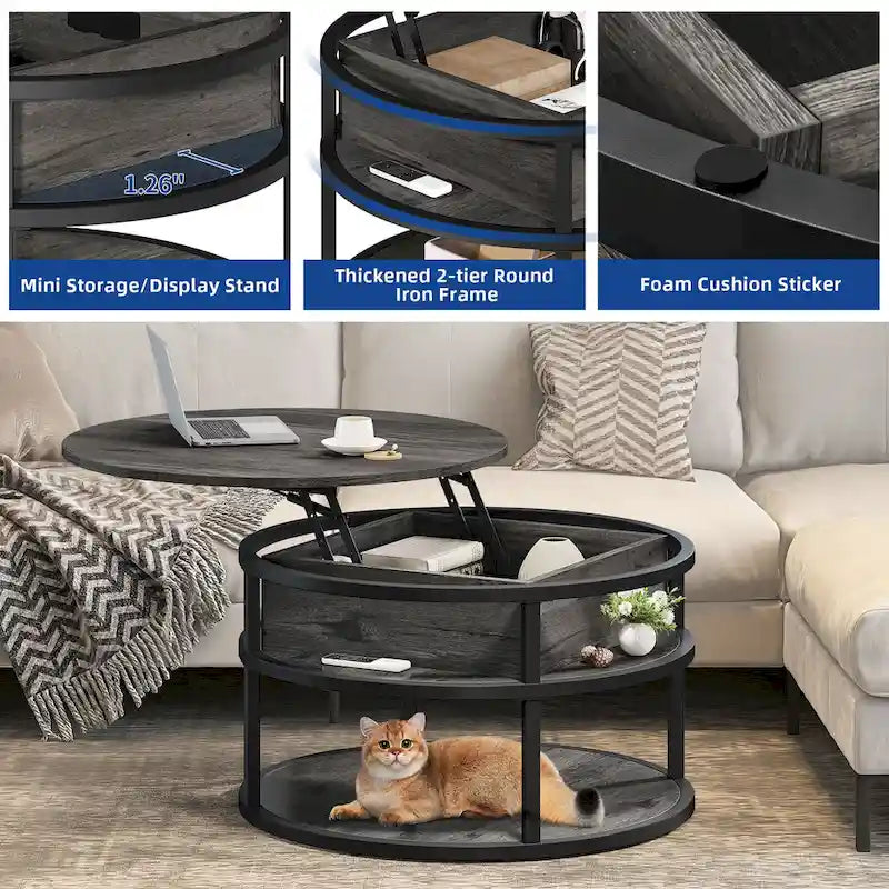 Table basse ronde relevable de style rustique avec rangement dissimulé et étagère