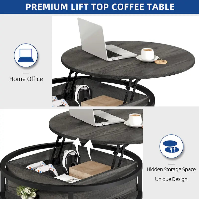 Table basse ronde relevable de style rustique avec rangement dissimulé et étagère