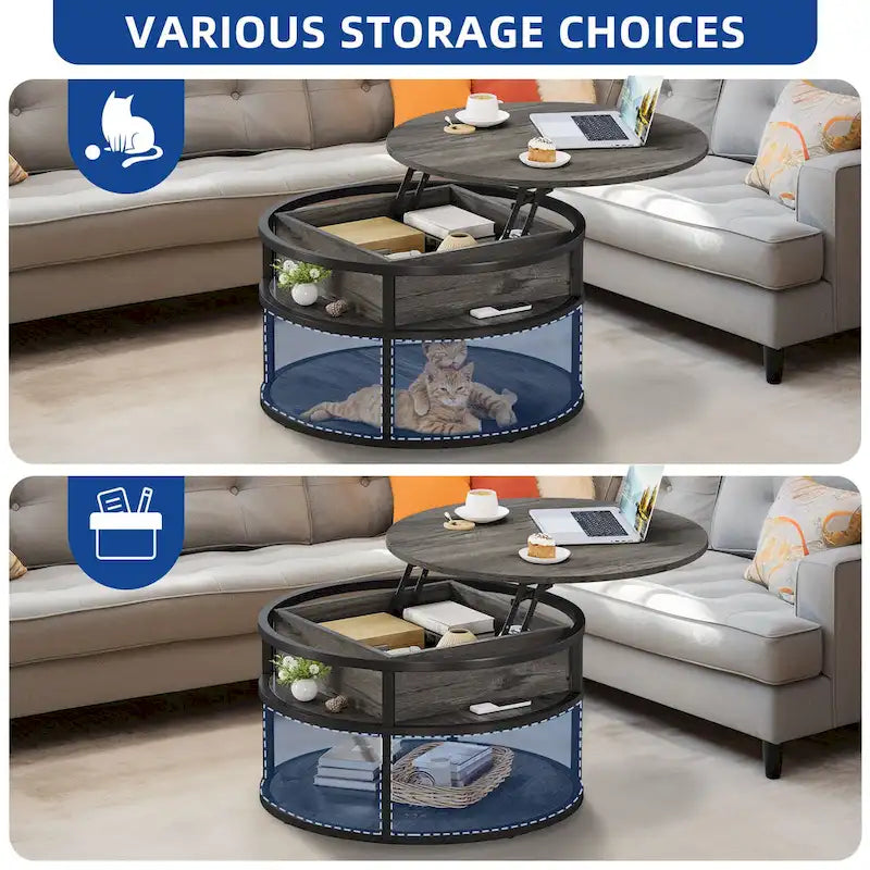Table basse ronde relevable de style rustique avec rangement dissimulé et étagère