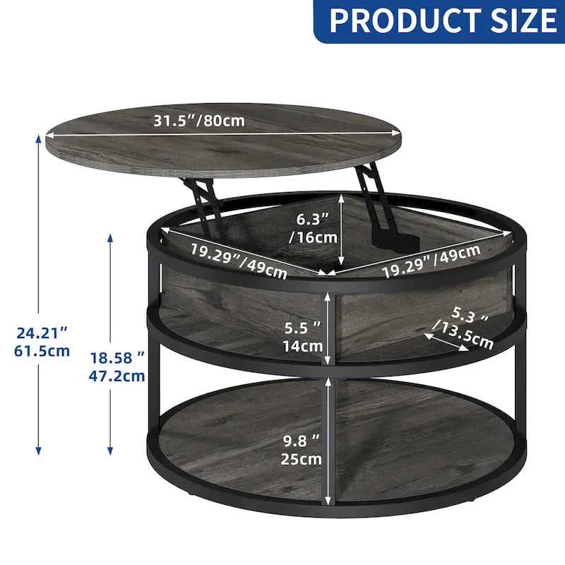 Table basse ronde relevable de style rustique avec rangement dissimulé et étagère