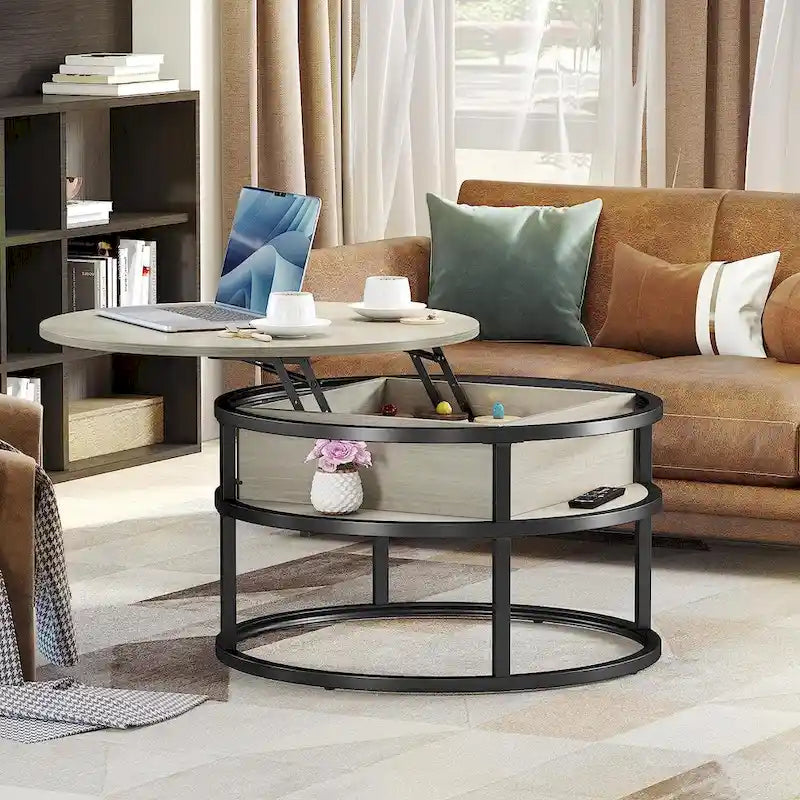 Table basse ronde relevable de style rustique avec rangement dissimulé et étagère