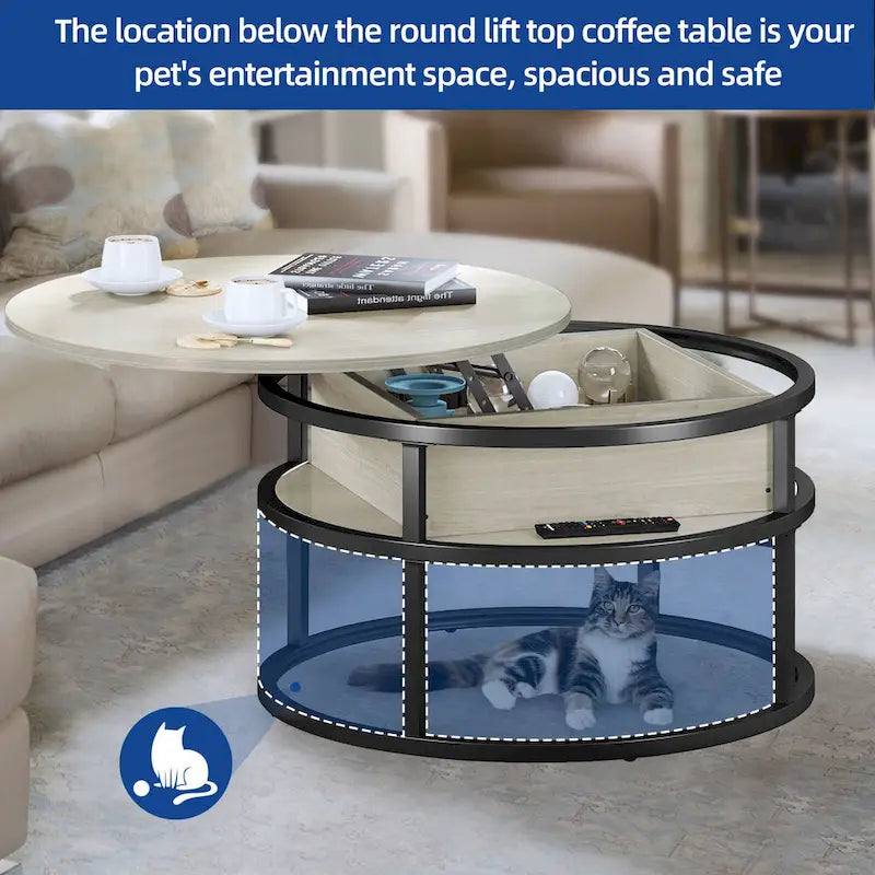 Table basse ronde relevable de style rustique avec rangement dissimulé et étagère