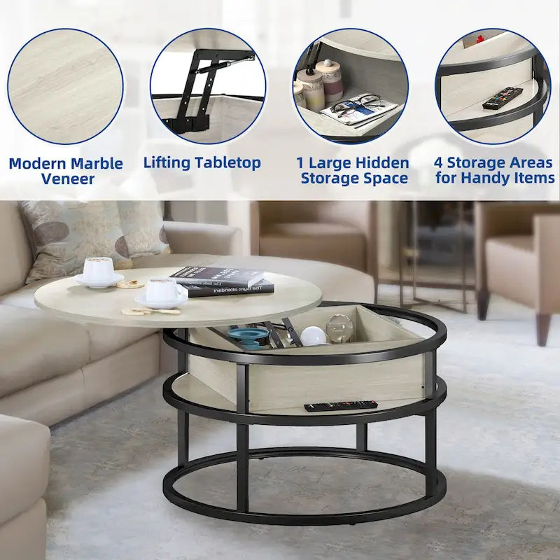 Table basse ronde relevable de style rustique avec rangement dissimulé et étagère