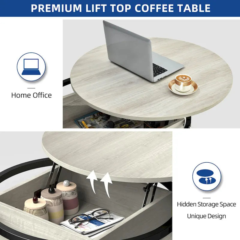 Table basse ronde relevable de style rustique avec rangement dissimulé et étagère