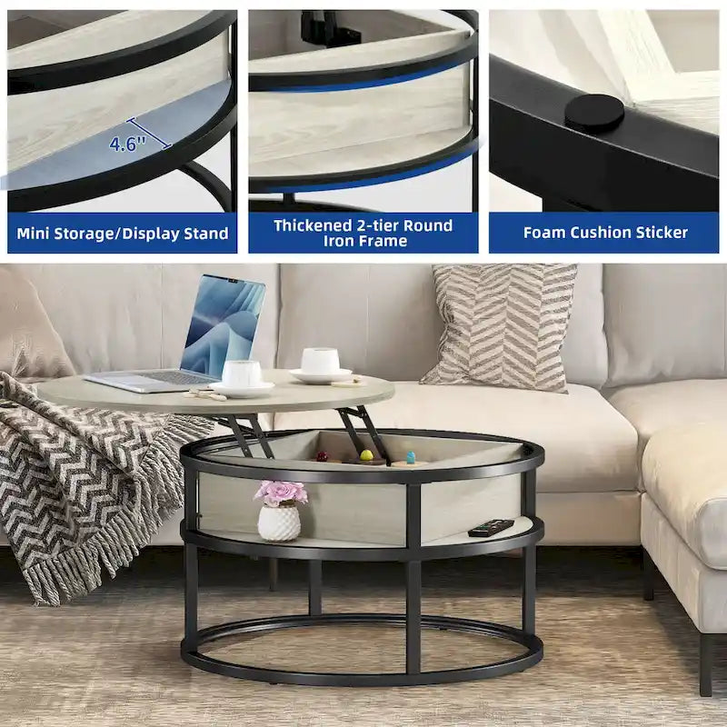 Table basse ronde relevable de style rustique avec rangement dissimulé et étagère