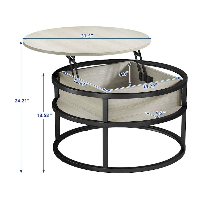 Table basse ronde relevable de style rustique avec rangement dissimulé et étagère