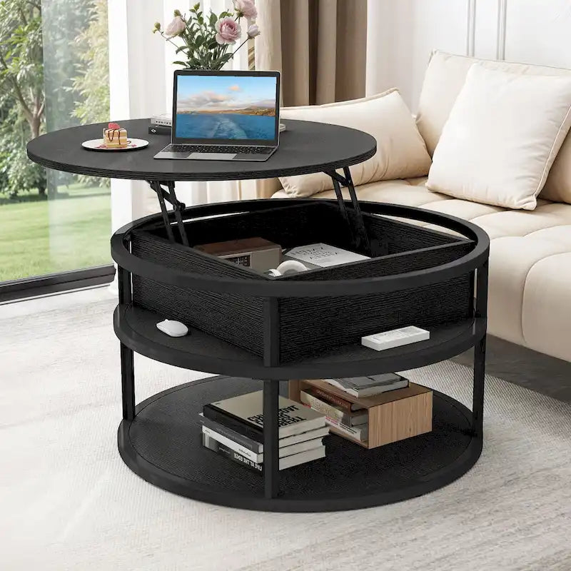 Table basse ronde relevable de style rustique avec rangement dissimulé et étagère