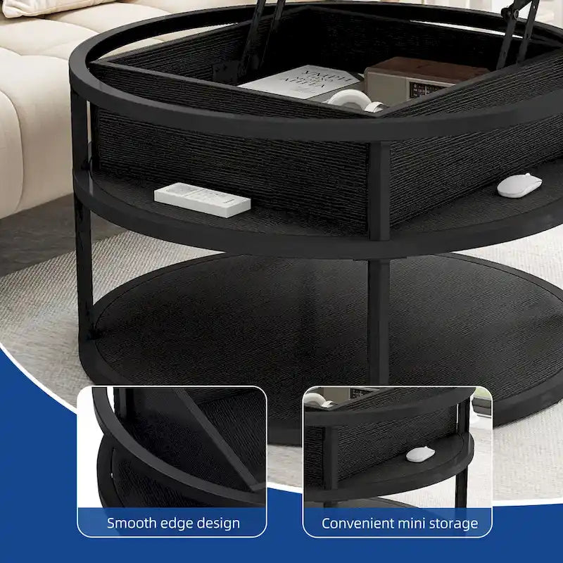 Table basse ronde relevable de style rustique avec rangement dissimulé et étagère