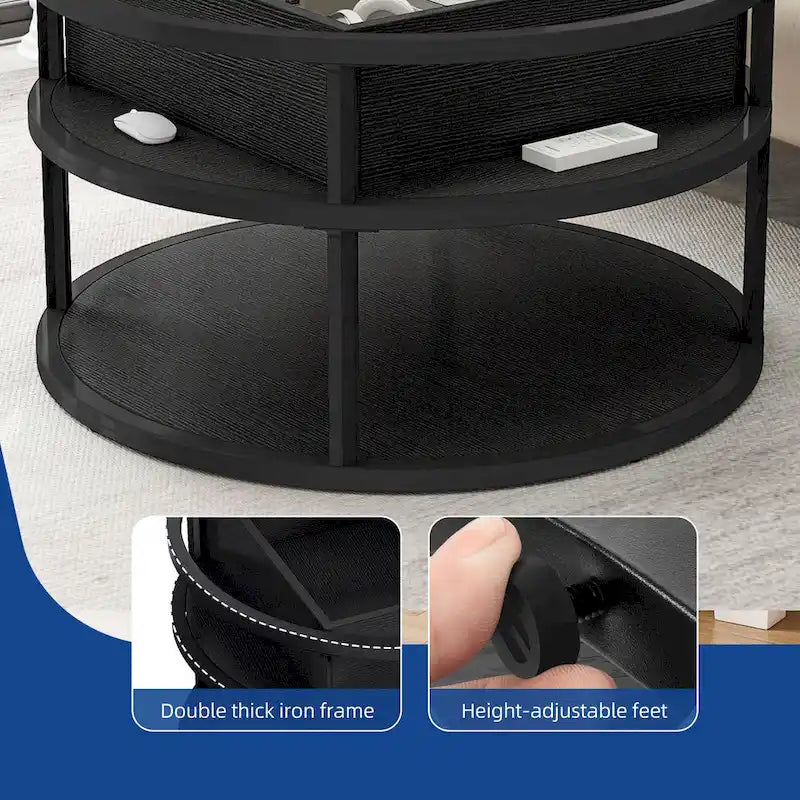 Table basse ronde relevable de style rustique avec rangement dissimulé et étagère