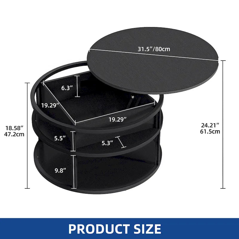 Table basse ronde relevable de style rustique avec rangement dissimulé et étagère