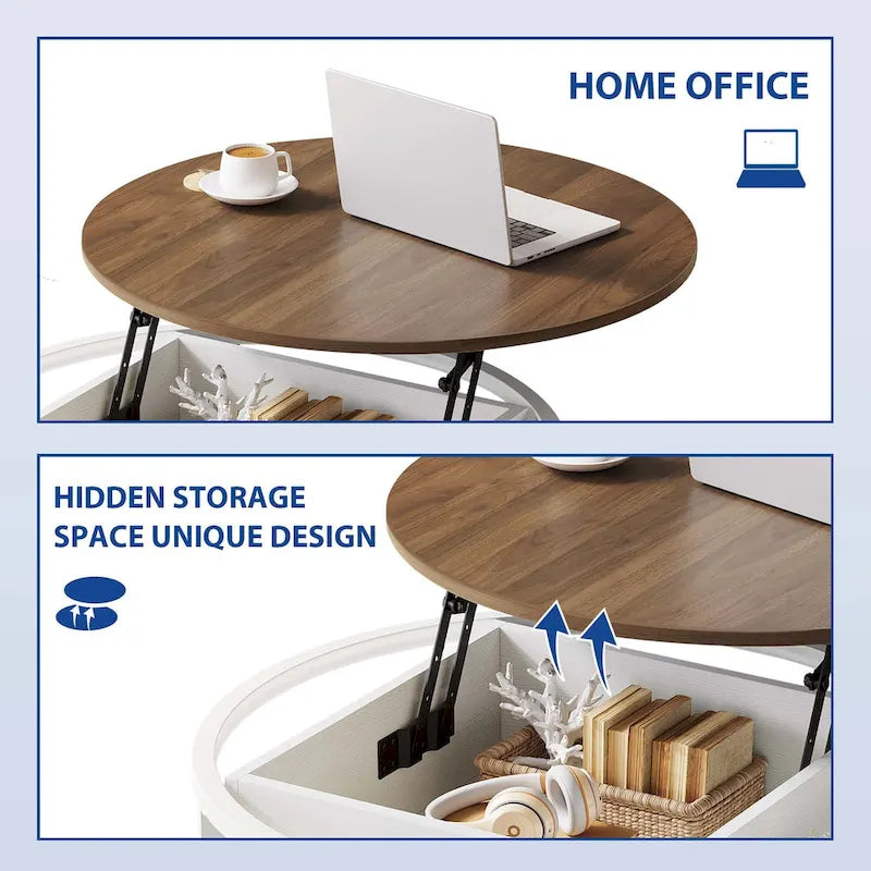 Table basse ronde relevable de style rustique avec rangement dissimulé et étagère