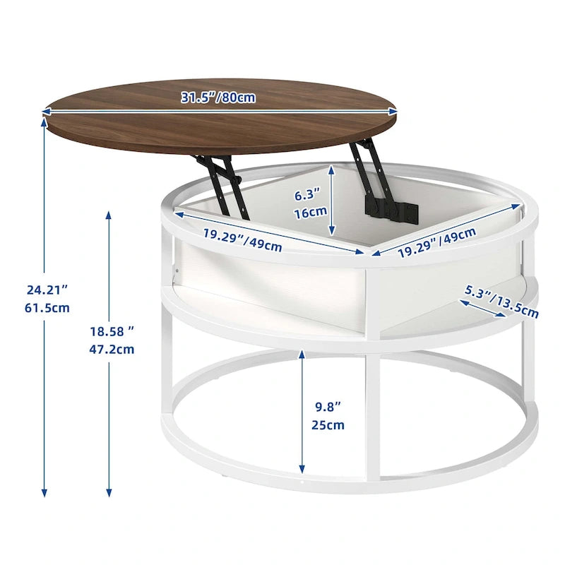 Table basse ronde relevable de style rustique avec rangement dissimulé et étagère