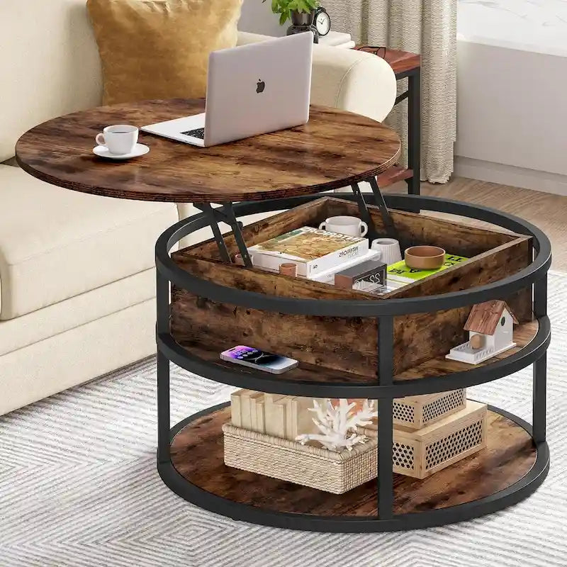 Table basse ronde relevable de style rustique avec rangement dissimulé et étagère