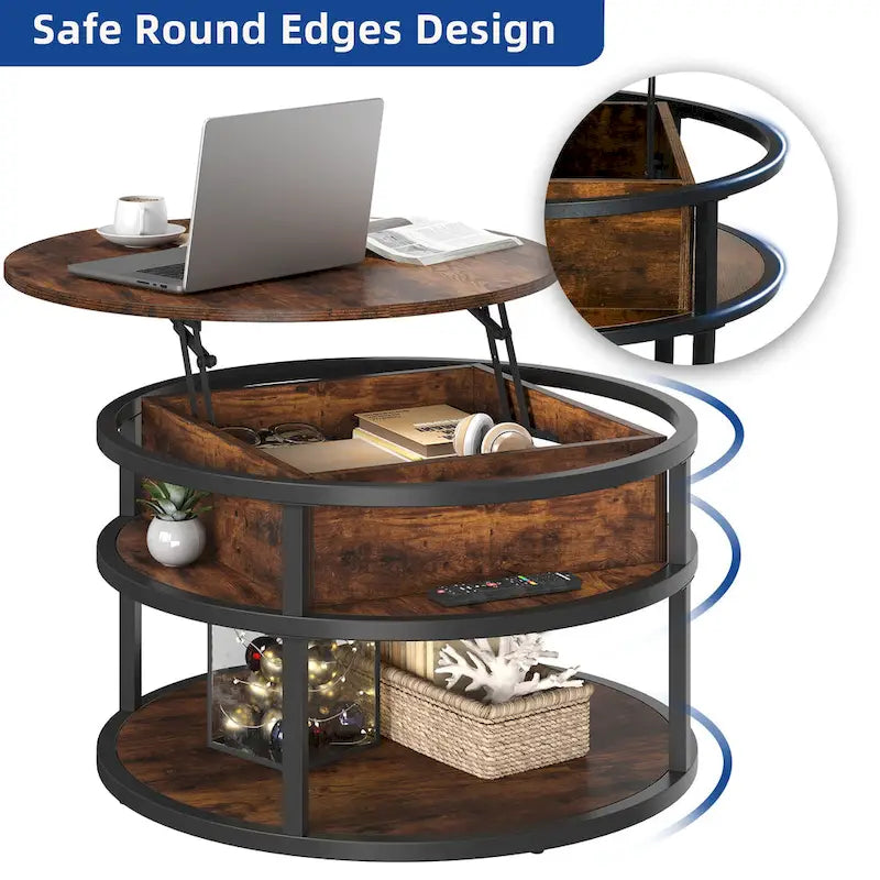 Table basse ronde relevable de style rustique avec rangement dissimulé et étagère