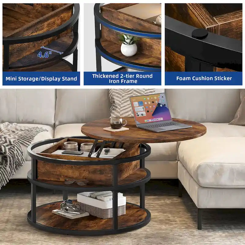 Table basse ronde relevable de style rustique avec rangement dissimulé et étagère