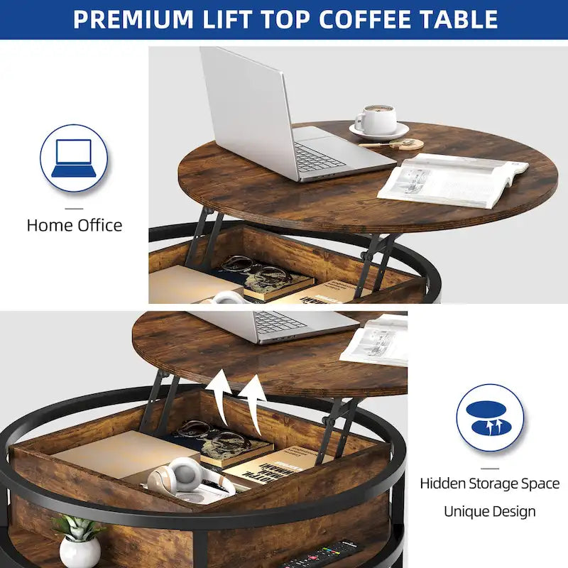 Table basse ronde relevable de style rustique avec rangement dissimulé et étagère