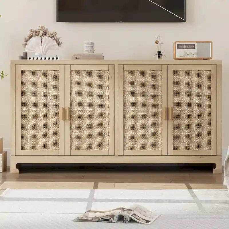Bahut de rangement en rotin à 4 portes avec étagère