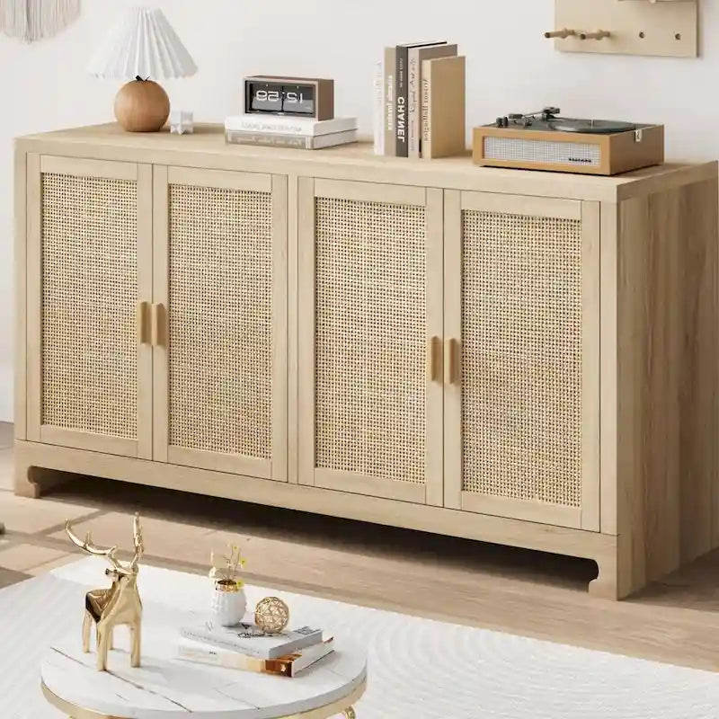 Bahut de rangement en rotin à 4 portes avec étagère