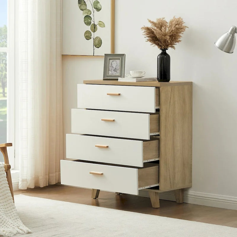 Commode de rangement moderne en chêne blanc avec 4 tiroirs