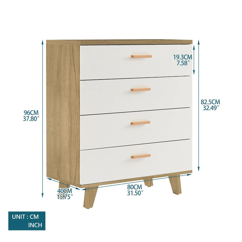 Commode de rangement moderne en chêne blanc avec 4 tiroirs
