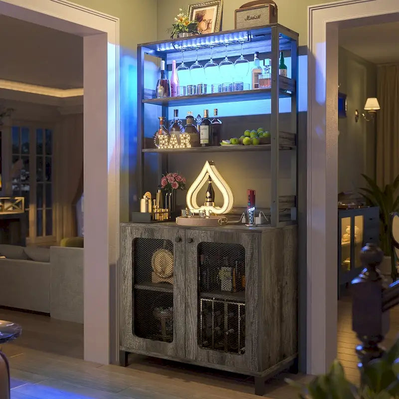 Meuble Bar à Vin de 170 cm de haut avec lumières LED, porte-verres et prises de courant