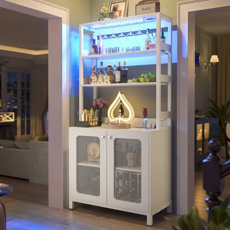 Meuble Bar à Vin de 170 cm de haut avec lumières LED, porte-verres et prises de courant