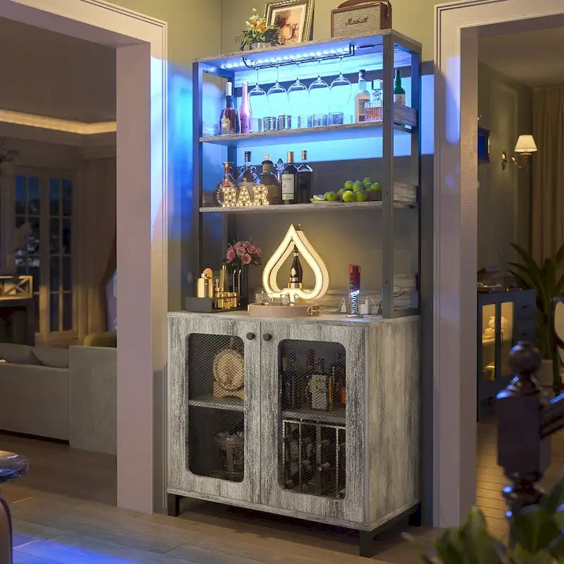 Meuble Bar à Vin de 170 cm de haut avec lumières LED, porte-verres et prises de courant