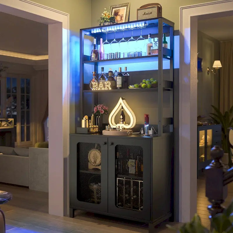 Meuble Bar à Vin de 170 cm de haut avec lumières LED, porte-verres et prises de courant