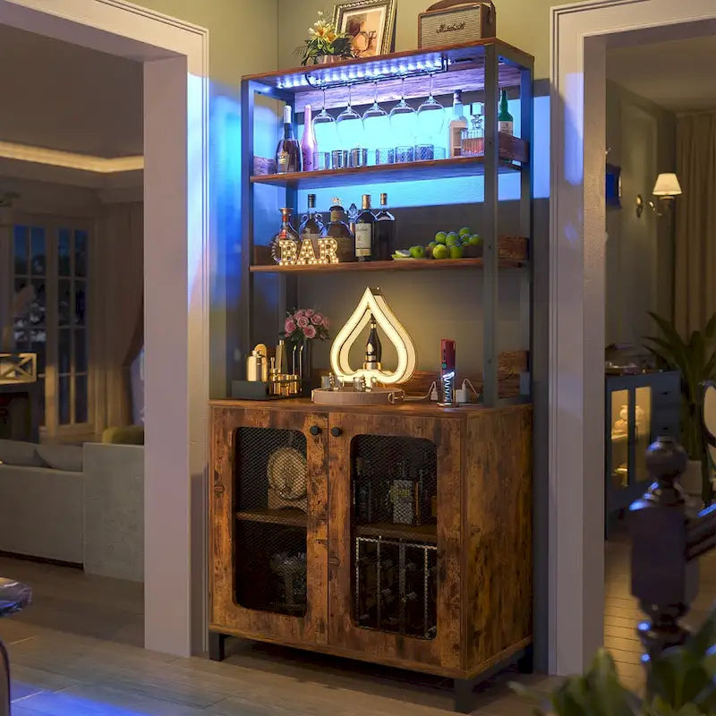 Meuble Bar à Vin de 170 cm de haut avec lumières LED, porte-verres et prises de courant