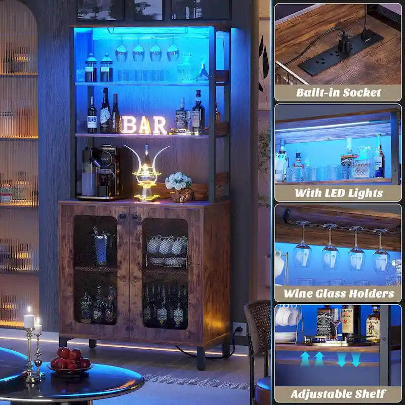 Meuble Bar à Vin de 170 cm de haut avec lumières LED, porte-verres et prises de courant