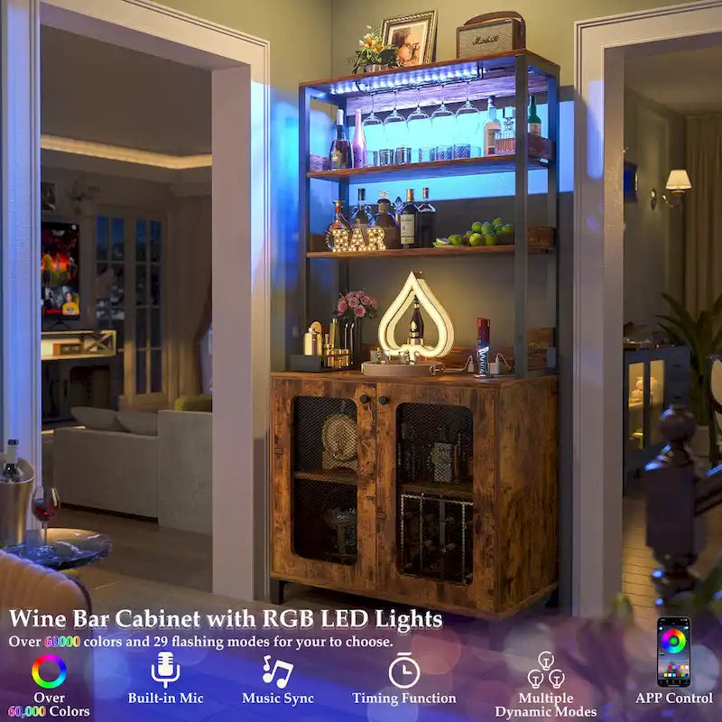 Meuble Bar à Vin de 170 cm de haut avec lumières LED, porte-verres et prises de courant