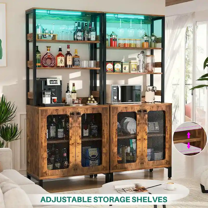 Meuble Bar à Vin de 170 cm de haut avec lumières LED, porte-verres et prises de courant