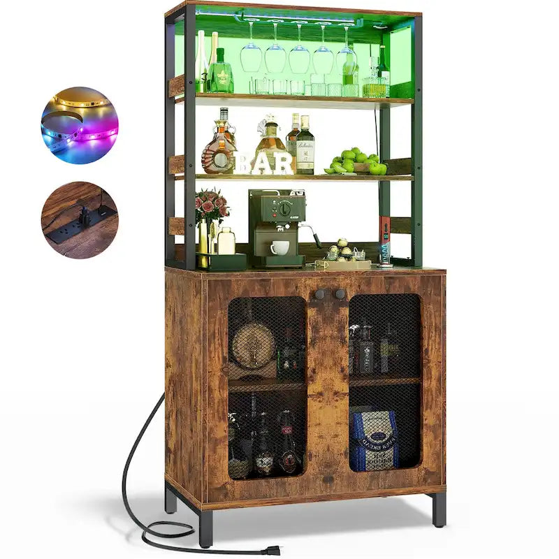 Meuble Bar à Vin de 170 cm de haut avec lumières LED, porte-verres et prises de courant