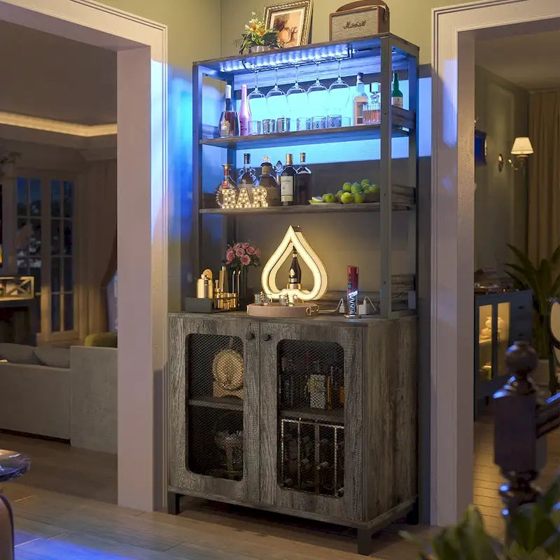 Meuble Bar à Vin de 170 cm de haut avec lumières LED, porte-verres et prises de courant