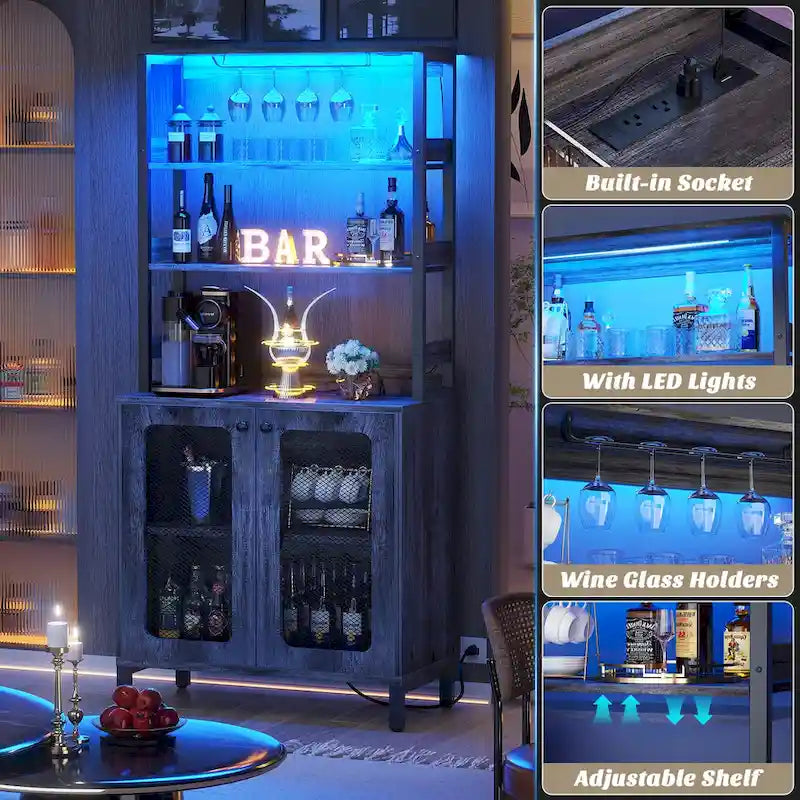 Meuble Bar à Vin de 170 cm de haut avec lumières LED, porte-verres et prises de courant